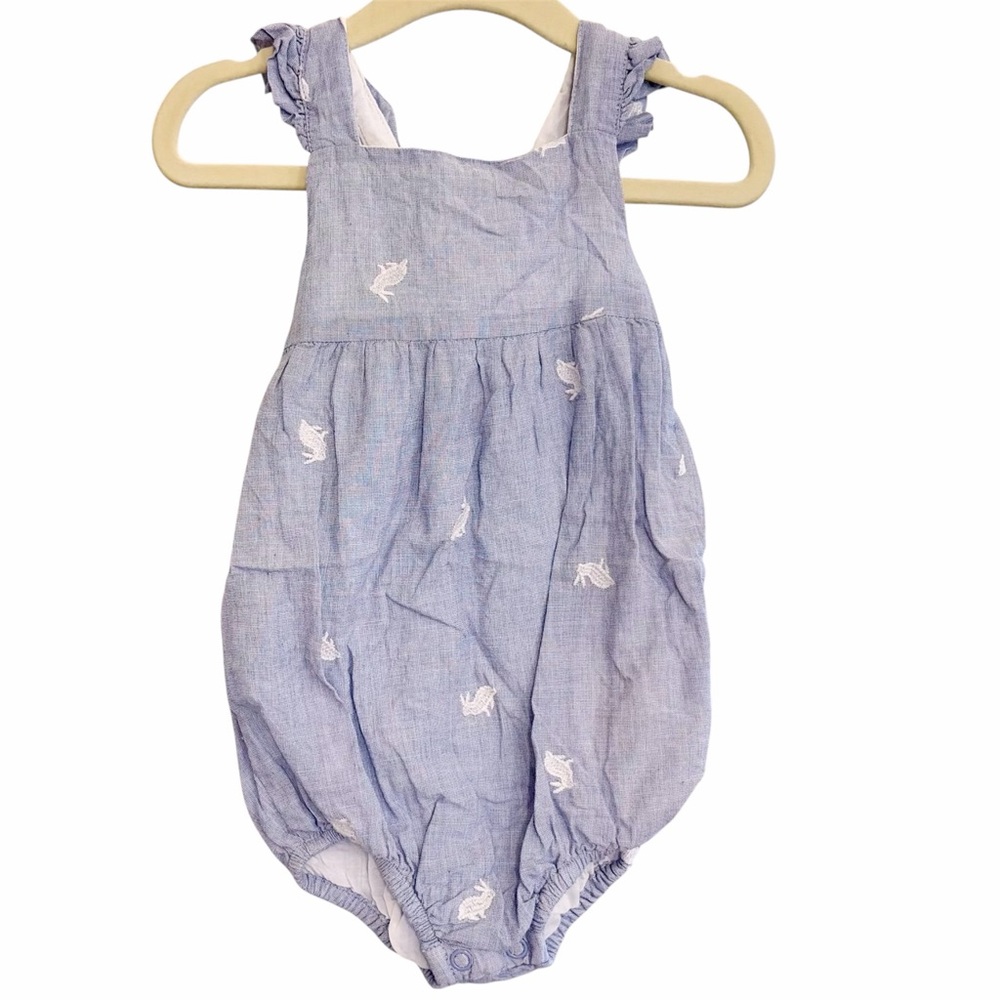 Baby Boden Easter Bunny Bubble Romper, Cotton Blue White Rabbit Embroidered Girl